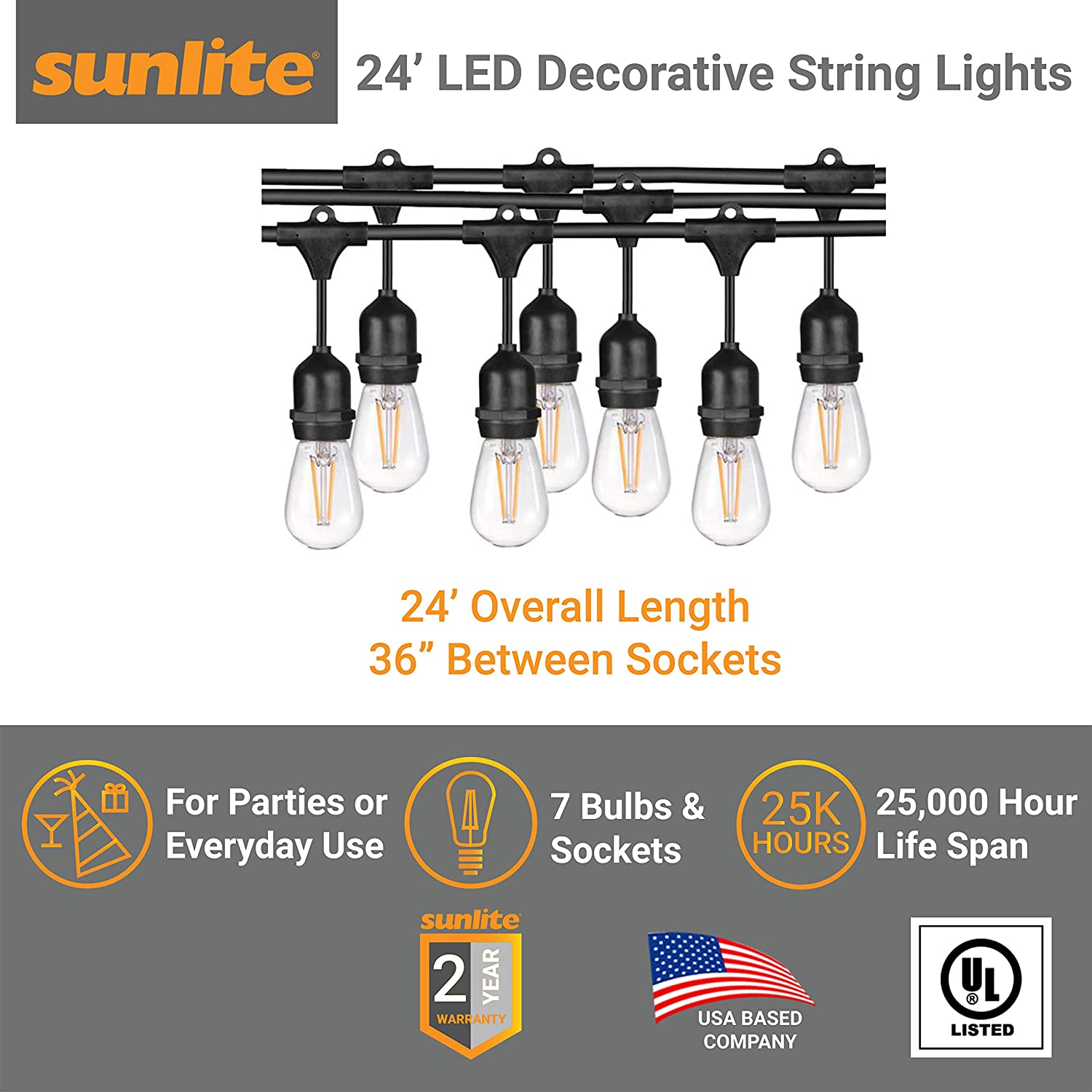 24ft Outdoor String Lights, Waterproof, Shatterproof LED Bulbs