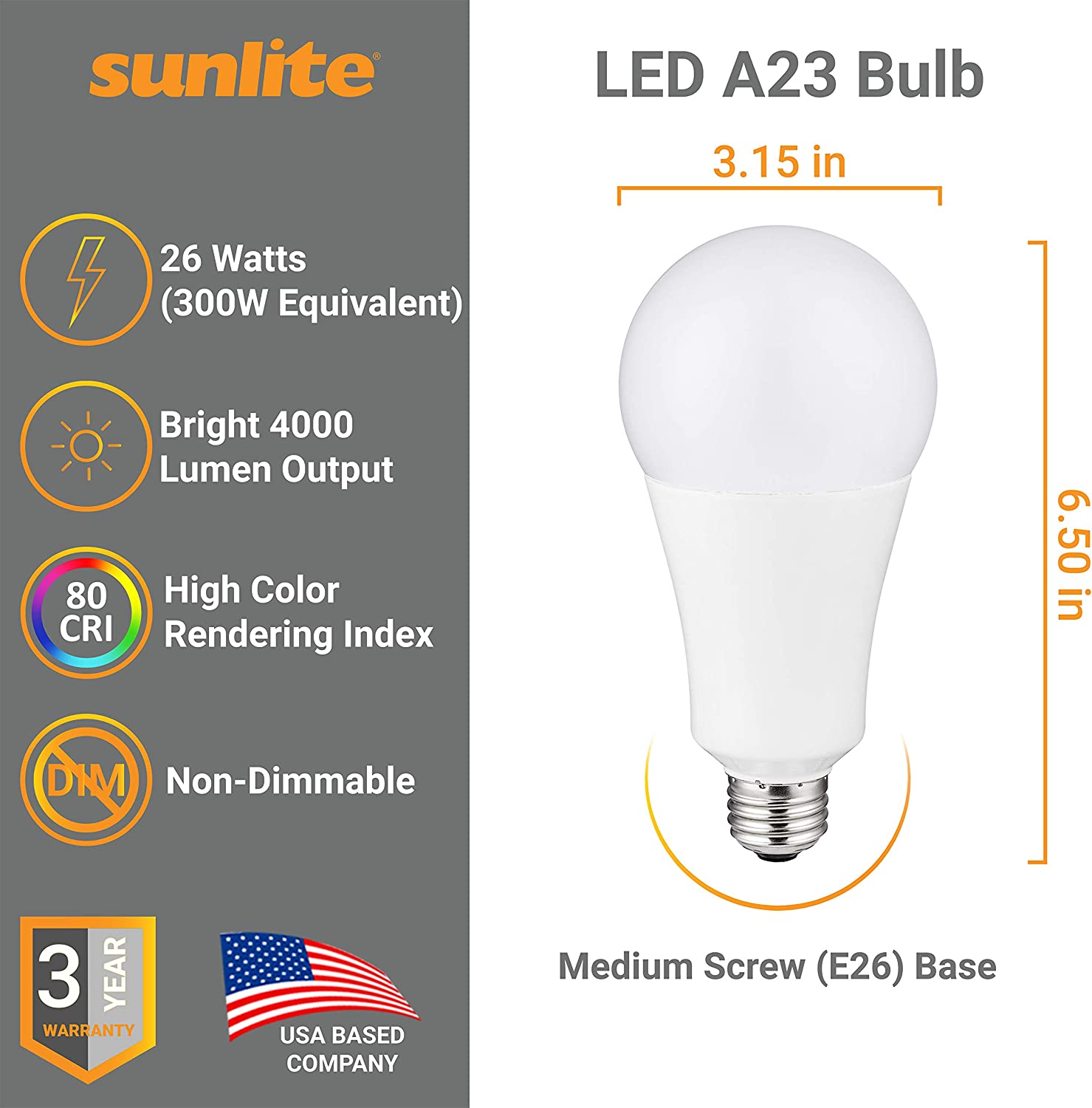 LED A23 Light Bulb, 26 Watts (300w Equivalent) 4000K 4000 LUMENS