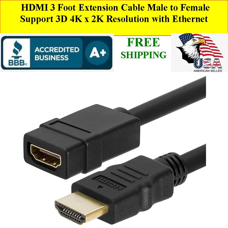 HDMI 3 FT Extension Cable Male to Female 3D 4K x 2K Resolution