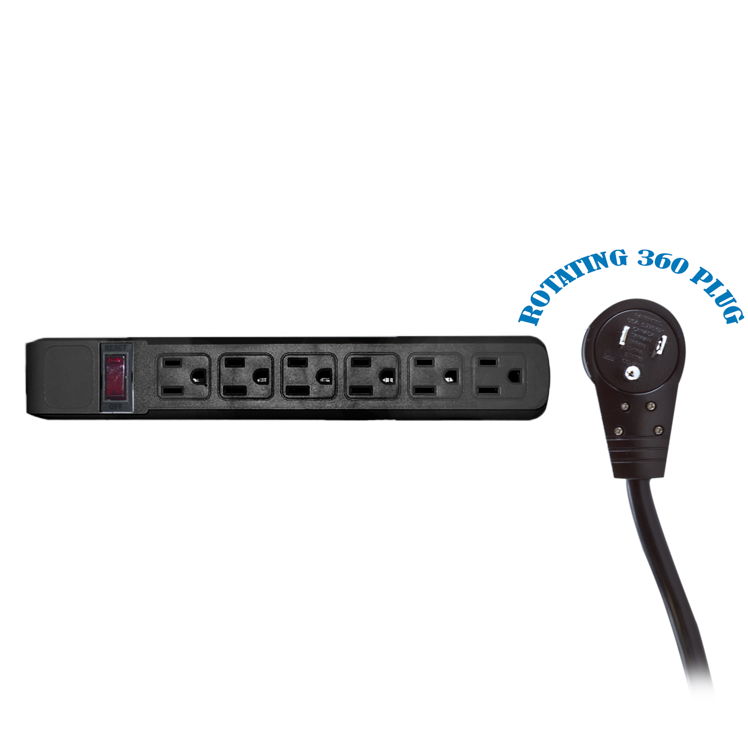 Surge Protector, Flat Rotating Plug, 6 Outlet, Black 10 FT CORD