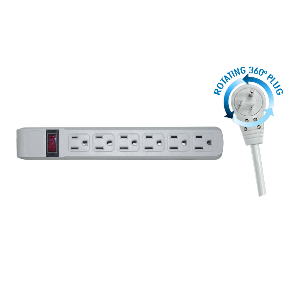 Surge Protector, Flat Rotating Plug, 6 Outlet, Gray 10 FT CORD