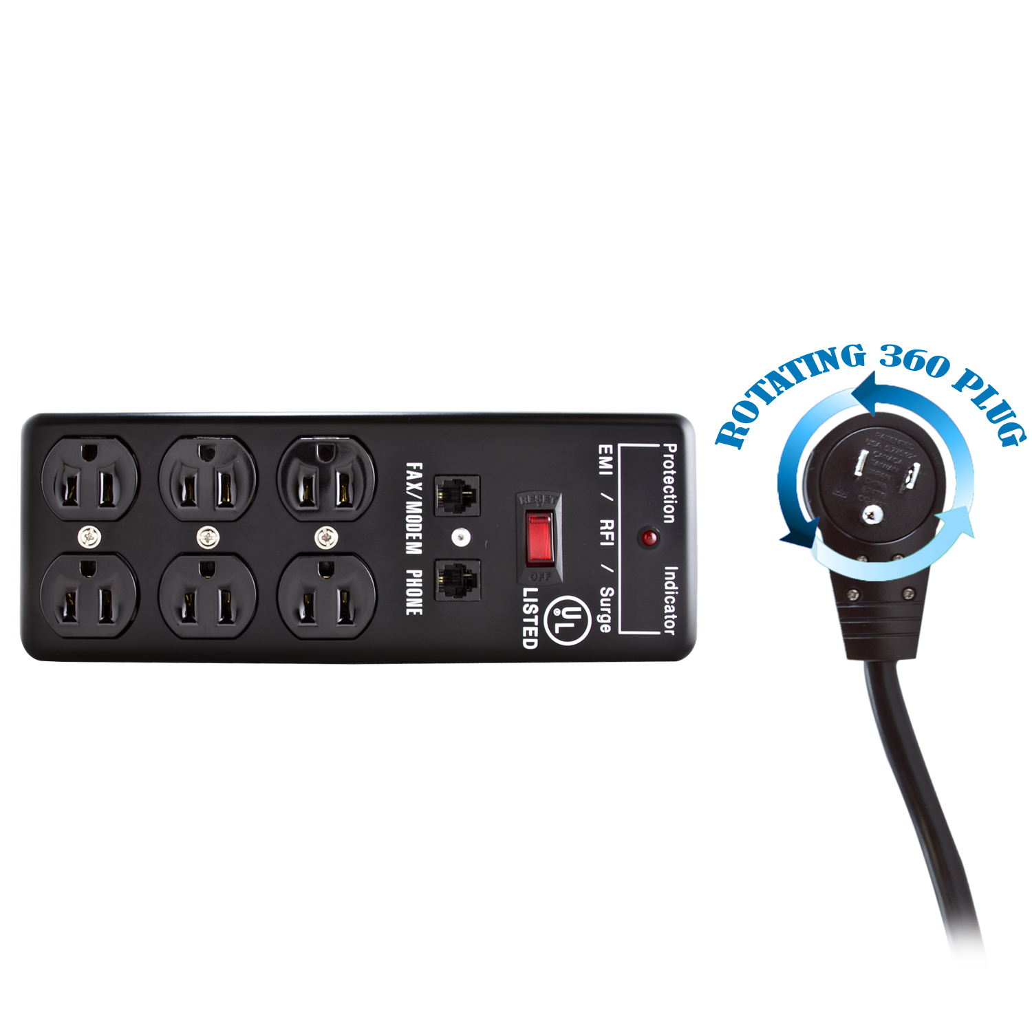 6 Outlet Surge Protector with Flat Rotating Plug 10ft Cord 6 Outlet Surge Protector with Flat Rotating Plug 10ft Cord
