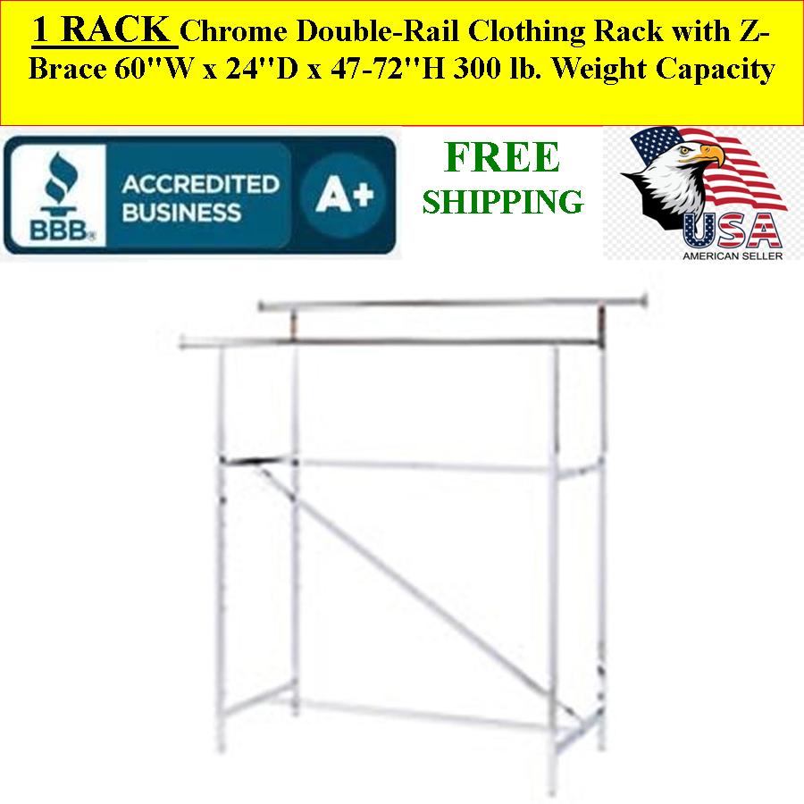 Chrome Double-Rail Clothing Rack with Z-Brace, Holds 300 LBS  Chrome Double-Rail Clothing Rack with Z-Brace, Holds 300 LBS