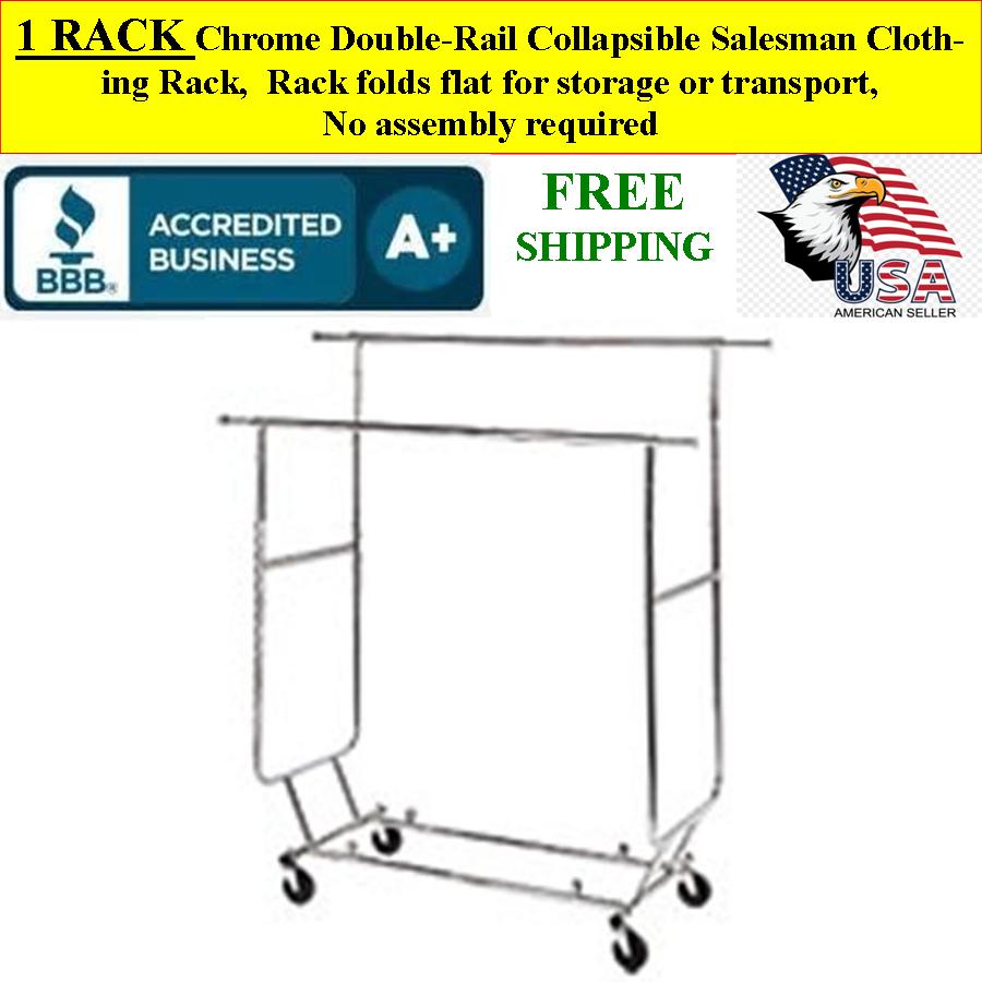 Chrome Double-Rail Collapsible Salesman Clothing Rack with Wheel  Chrome Double-Rail Collapsible Salesman Clothing Rack with Wheel