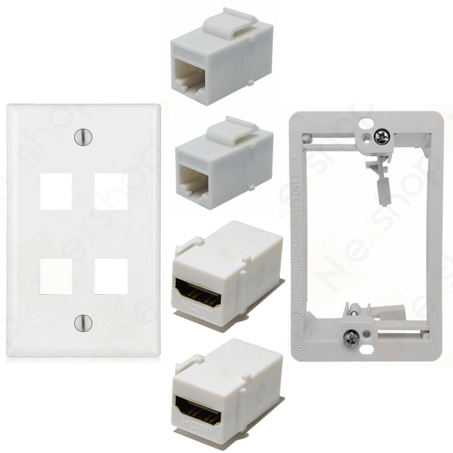 Ethernet 4 Hole Plate 2 Cat6, 2 HDMI Coupler Jacks Combo Bracket Ethernet 4 Hole Plate 2 Cat6, 2 HDMI Coupler Jacks Combo Bracket