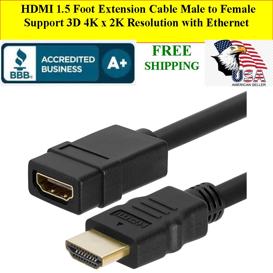 HDMI 1.5 FT Extension Cable Male to Female 3D 4K x 2K Resolution HDMI 1.5 FT Extension Cable Male to Female 3D 4K x 2K Resolution