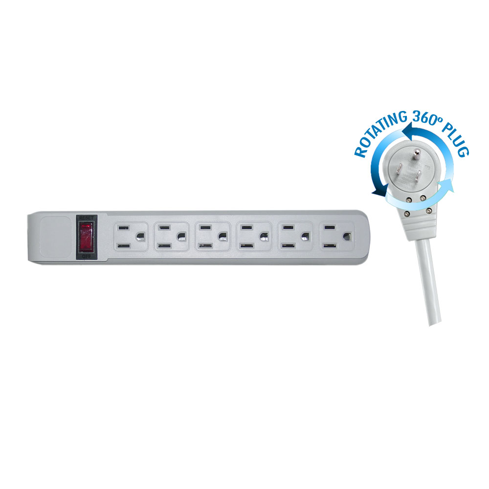 Surge Protector, Flat Rotating Plug, 6 Outlet, Gray 10 FT CORD Surge Protector, Flat Rotating Plug, 6 Outlet, Gray 10 FT CORD