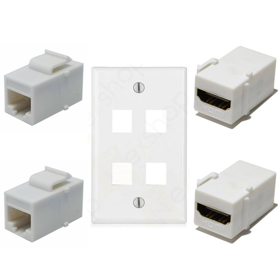 Ethernet 4 Hole Plate 2 Cat6, 2 HDMI Coupler Jacks Combo Ethernet 4 Hole Plate 2 Cat6, 2 HDMI Coupler Jacks Combo
